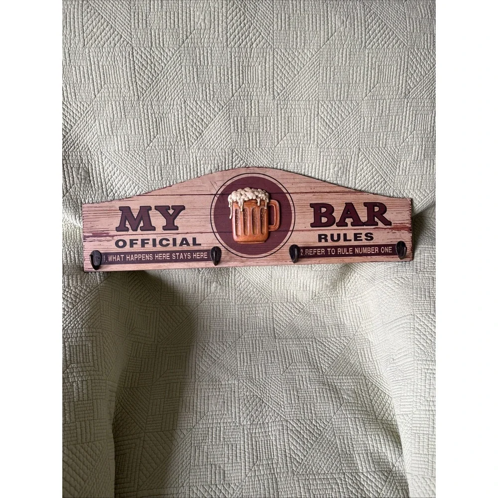 My Bar Official Rules Rustic Wood Wall Sign Beer Mug 4 Hooks 24
